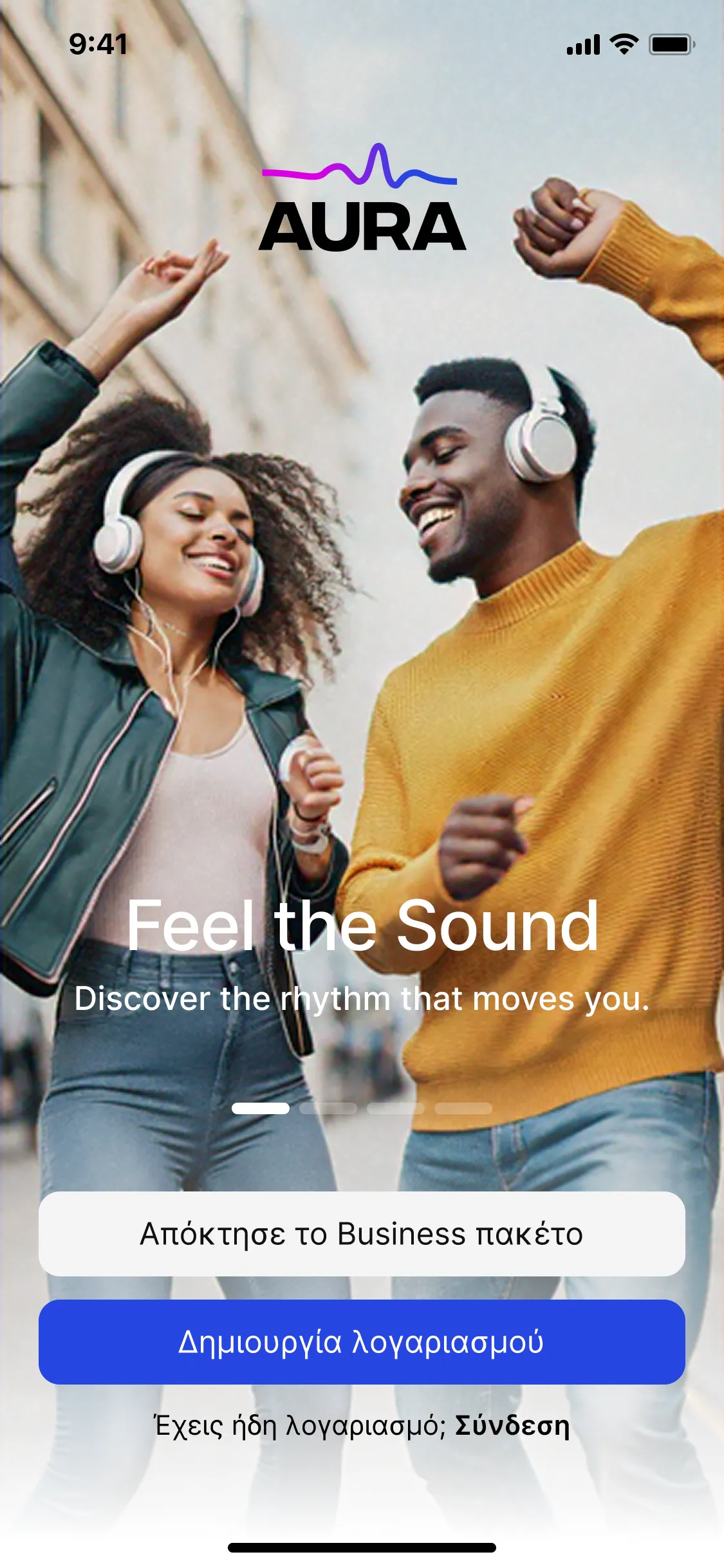 Aura music app onboarding screen