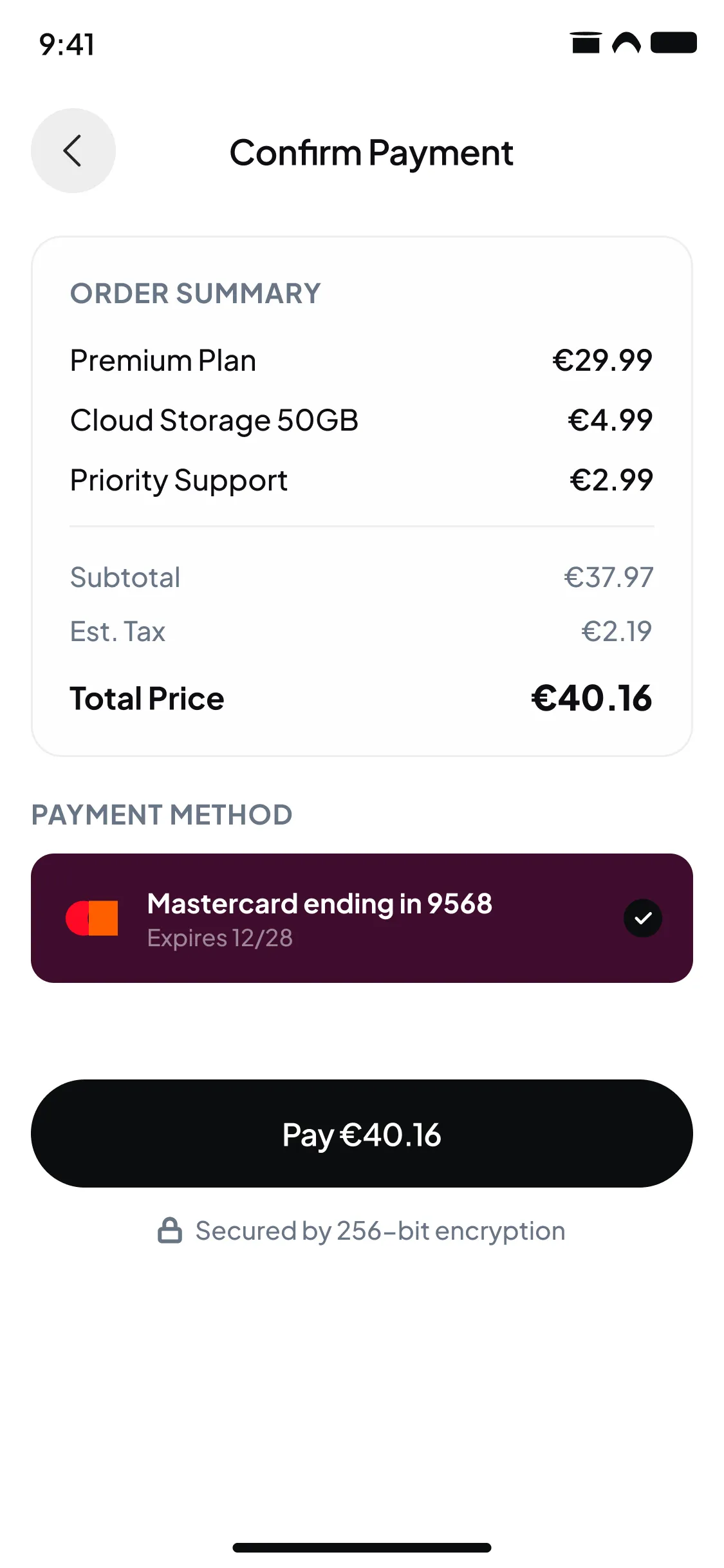 Subscription checkout screen with order summary and payment method