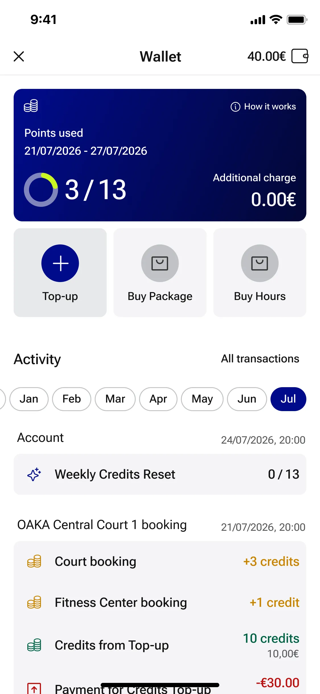 Stadion SC wallet screen with credits and booking activity